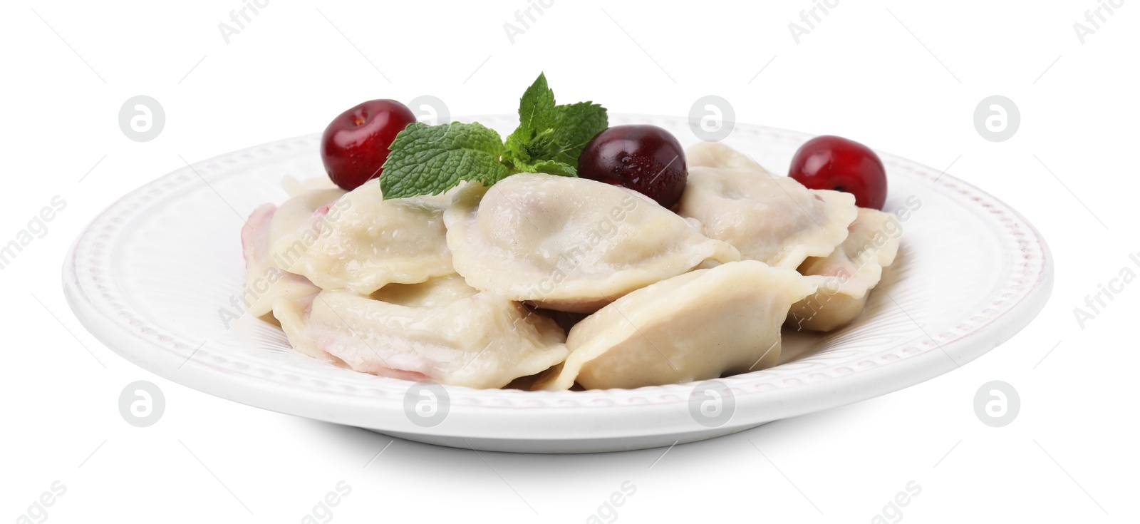 Photo of Traditional Ukrainian dumplings (varenyky) with cherries isolated on white