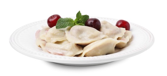 Photo of Traditional Ukrainian dumplings (varenyky) with cherries isolated on white