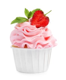 Photo of Tasty cupcake with strawberry and mint isolated on white