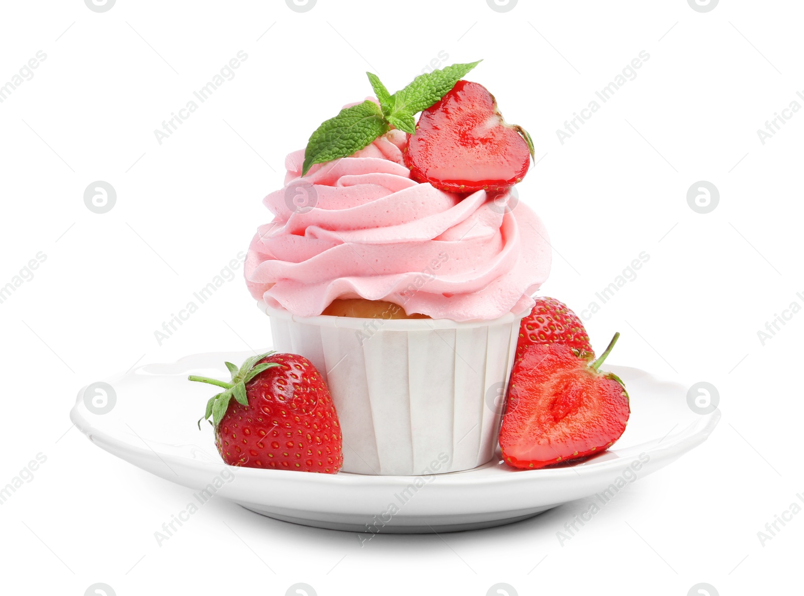 Photo of Tasty cupcake with strawberries and mint isolated on white