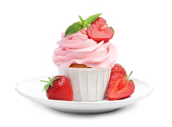 Photo of Tasty cupcake with strawberries and mint isolated on white