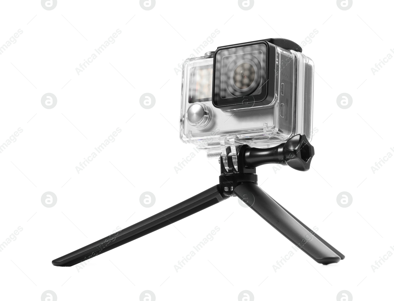 Photo of Modern action camera and tripod isolated on white