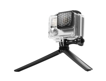 Modern action camera and tripod isolated on white