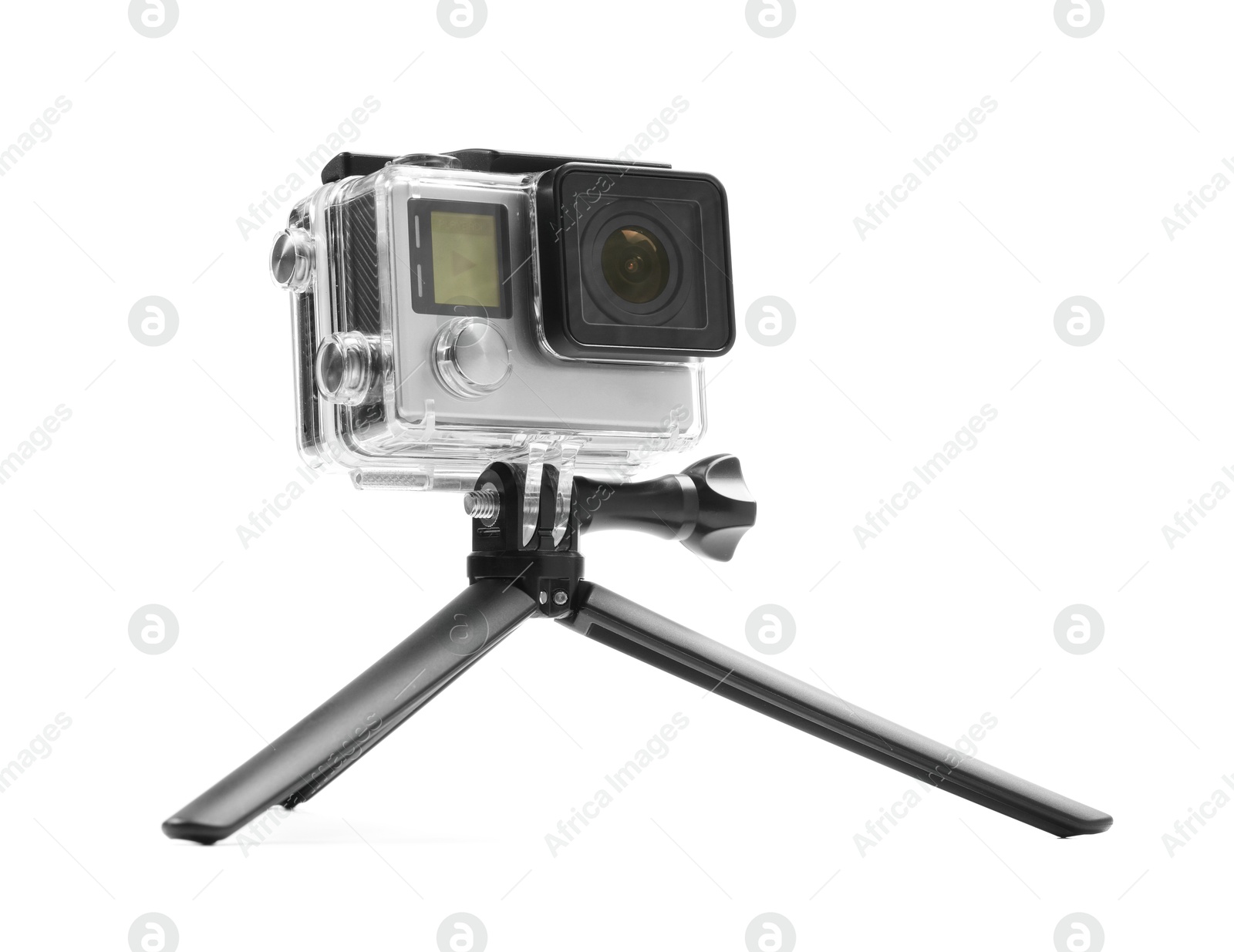 Photo of Modern action camera and tripod isolated on white