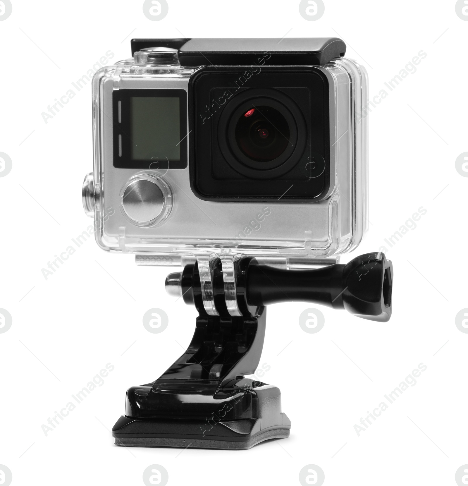 Photo of Modern action camera and mount isolated on white