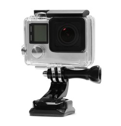 Modern action camera and mount isolated on white