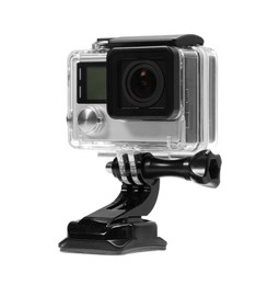 Photo of Modern action camera and mount isolated on white