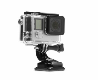 Modern action camera and mount on white background