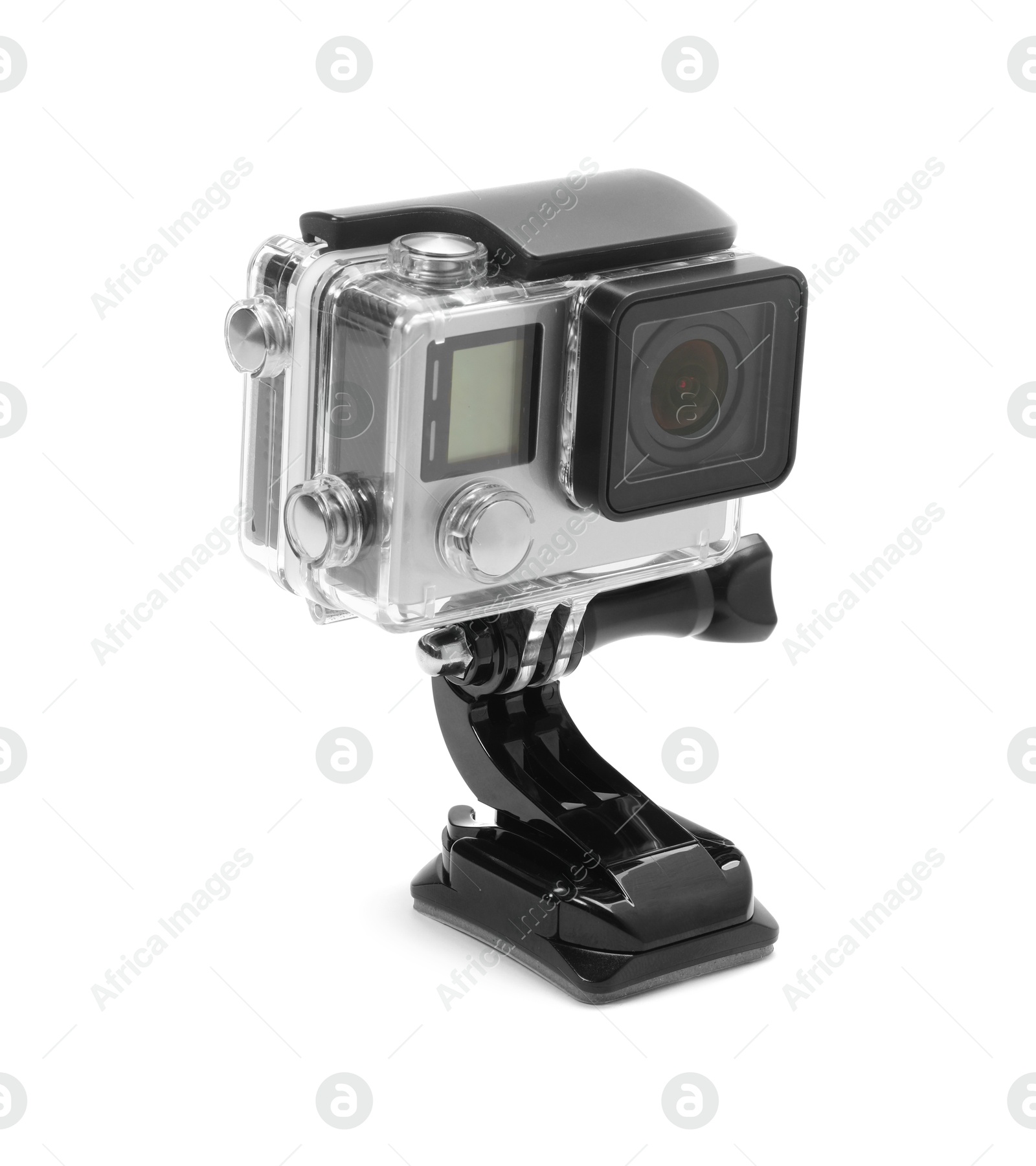 Photo of Modern action camera and mount isolated on white