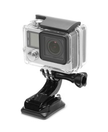 Modern action camera and mount isolated on white