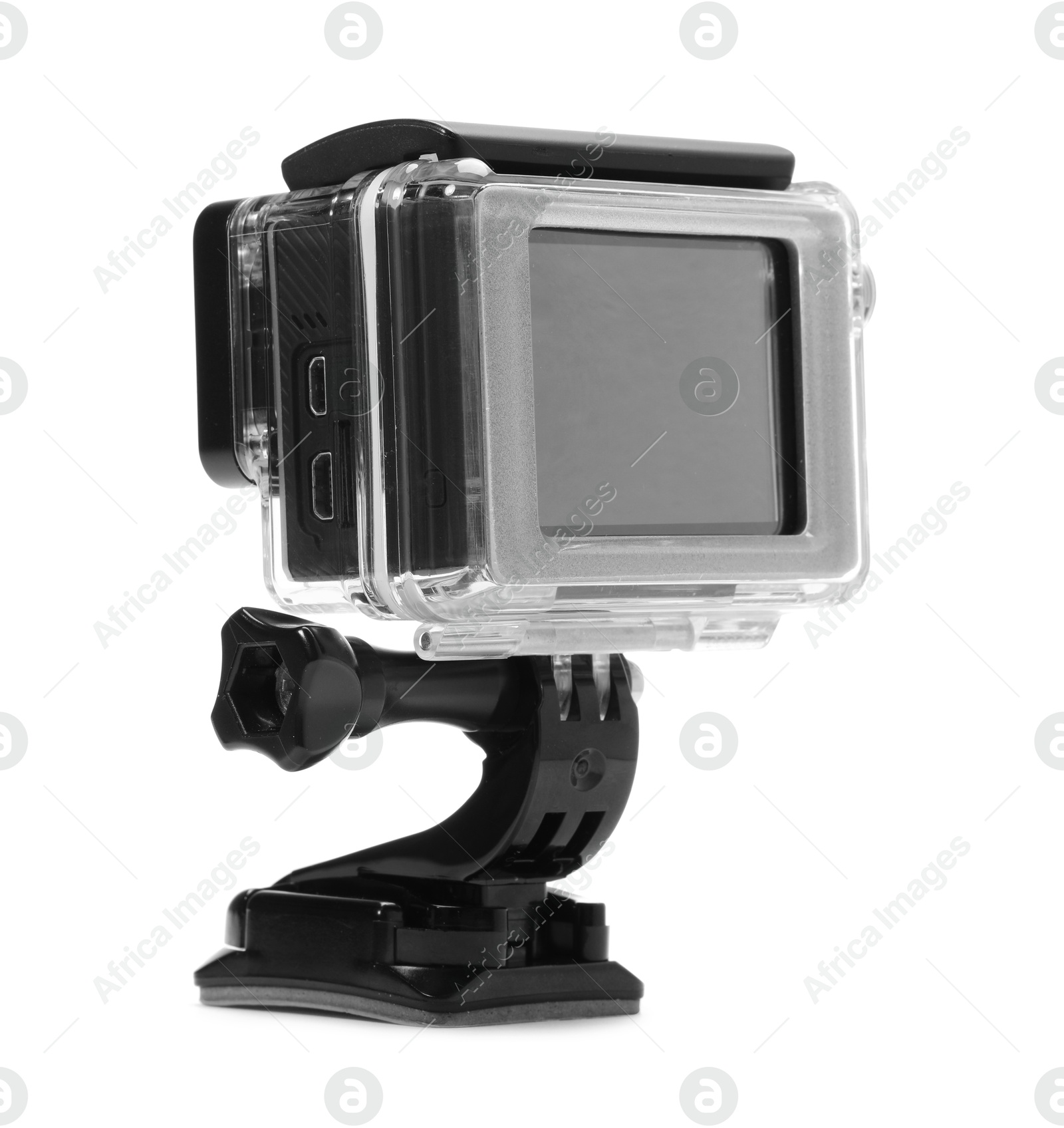 Photo of Modern action camera and mount isolated on white