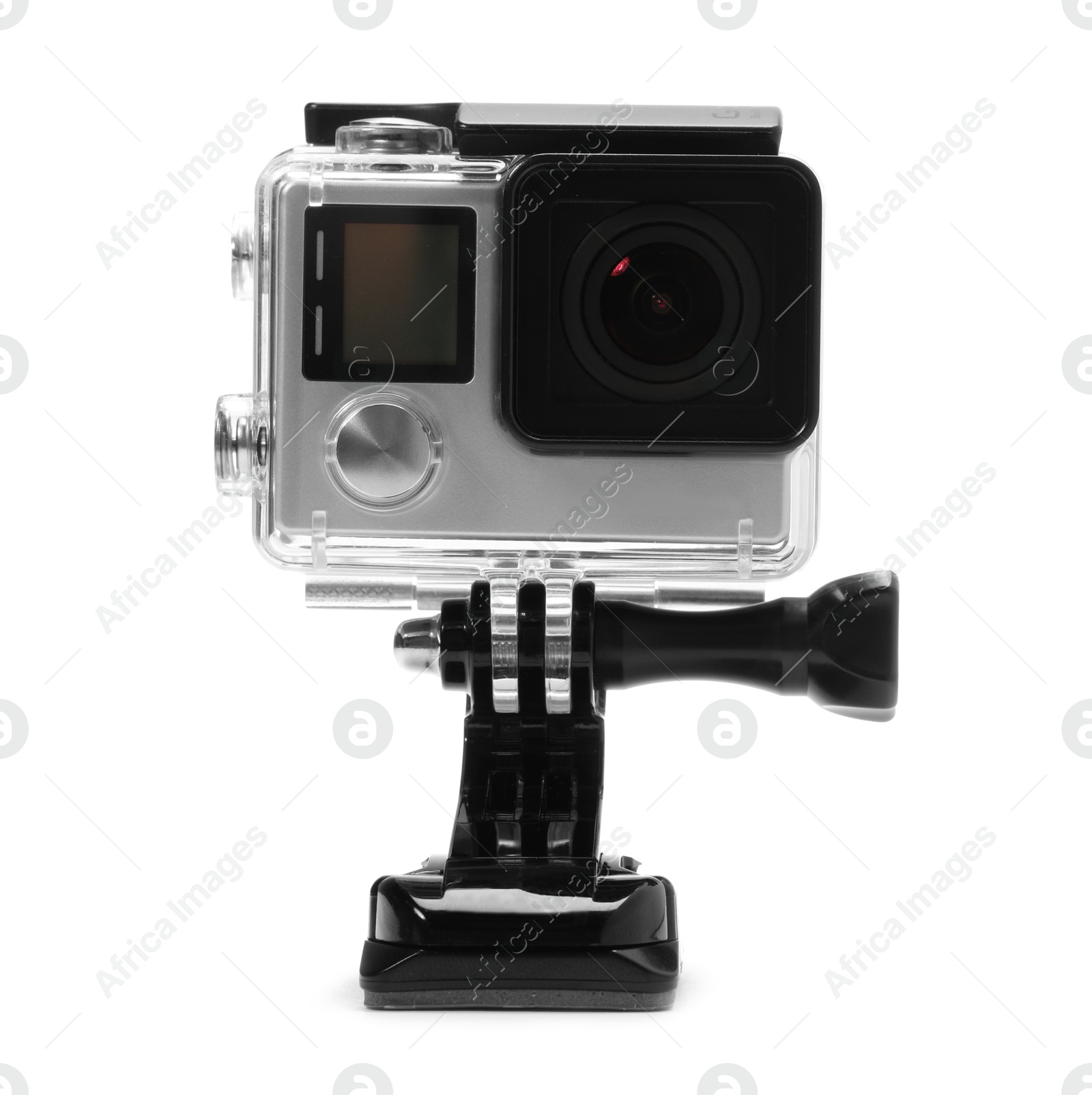 Photo of Modern action camera and mount isolated on white