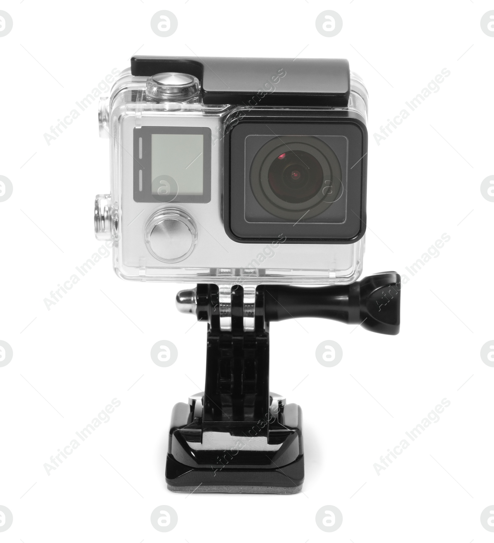 Photo of Modern action camera and mount isolated on white