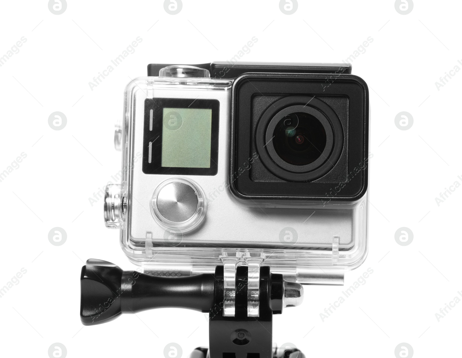 Photo of Modern action camera and mount isolated on white