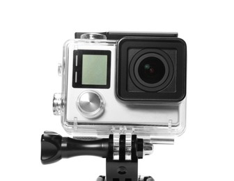 Photo of Modern action camera and mount isolated on white