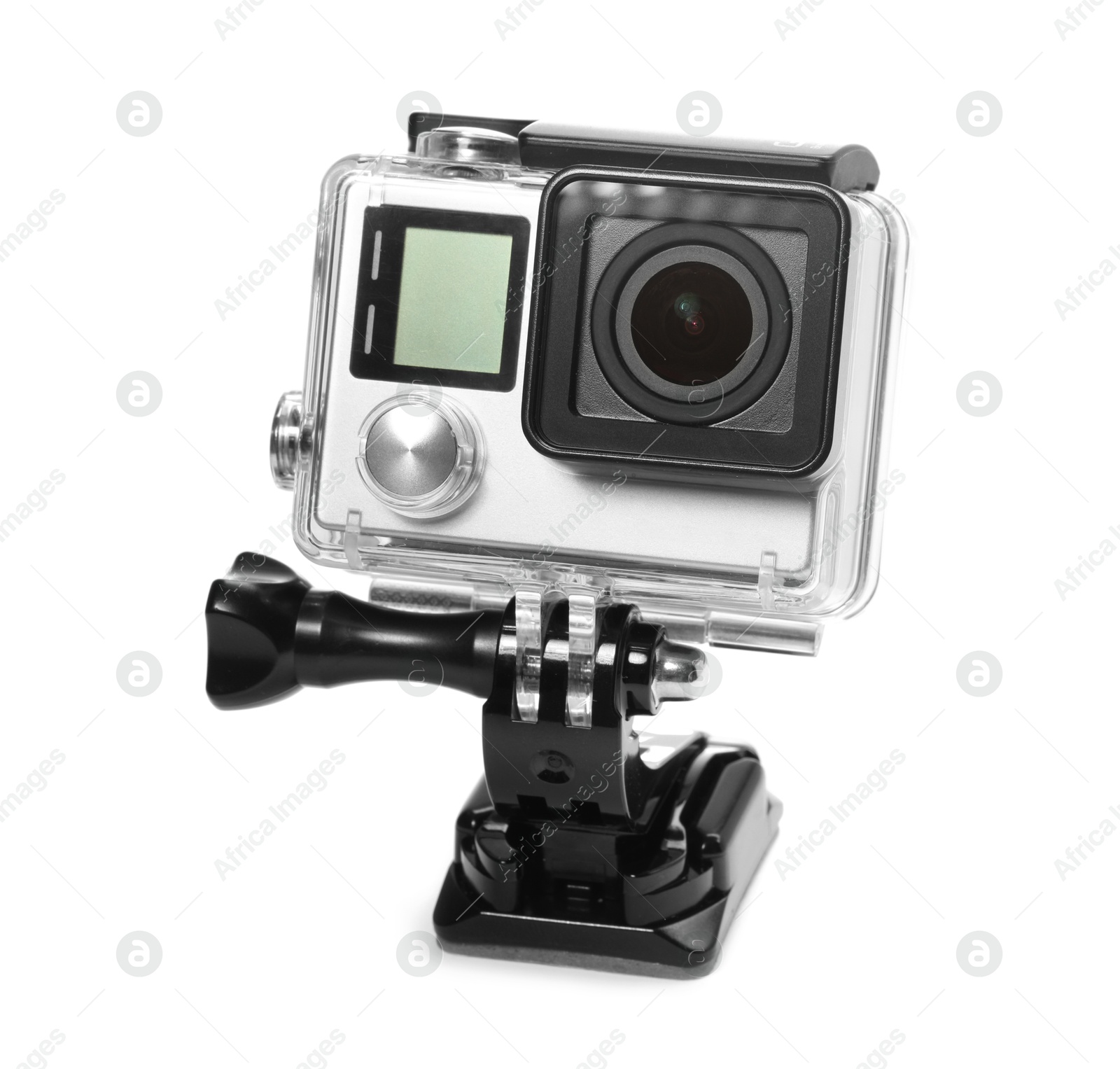 Photo of Modern action camera and mount isolated on white