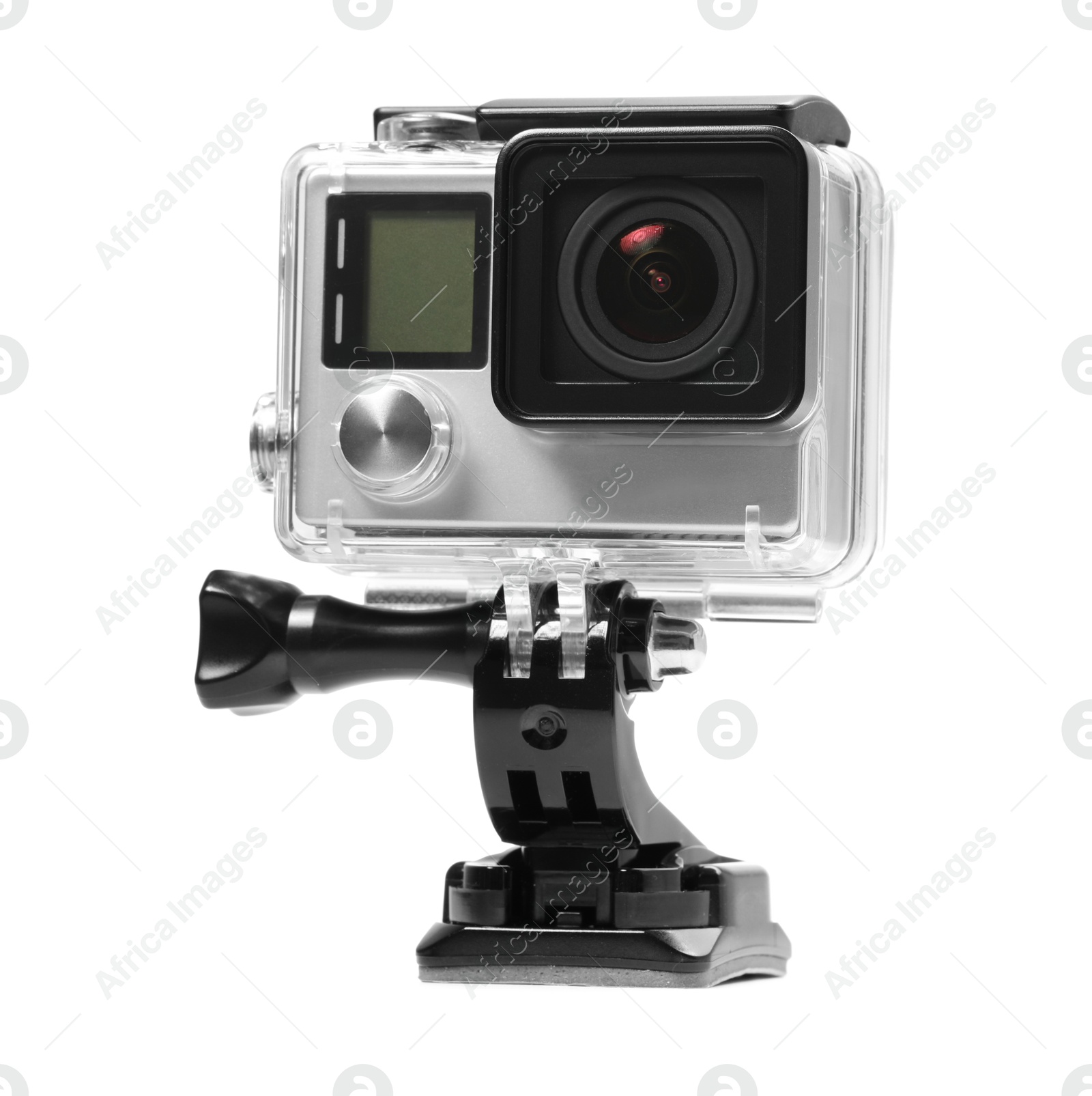 Photo of Modern action camera and mount isolated on white