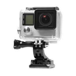 Modern action camera and mount isolated on white