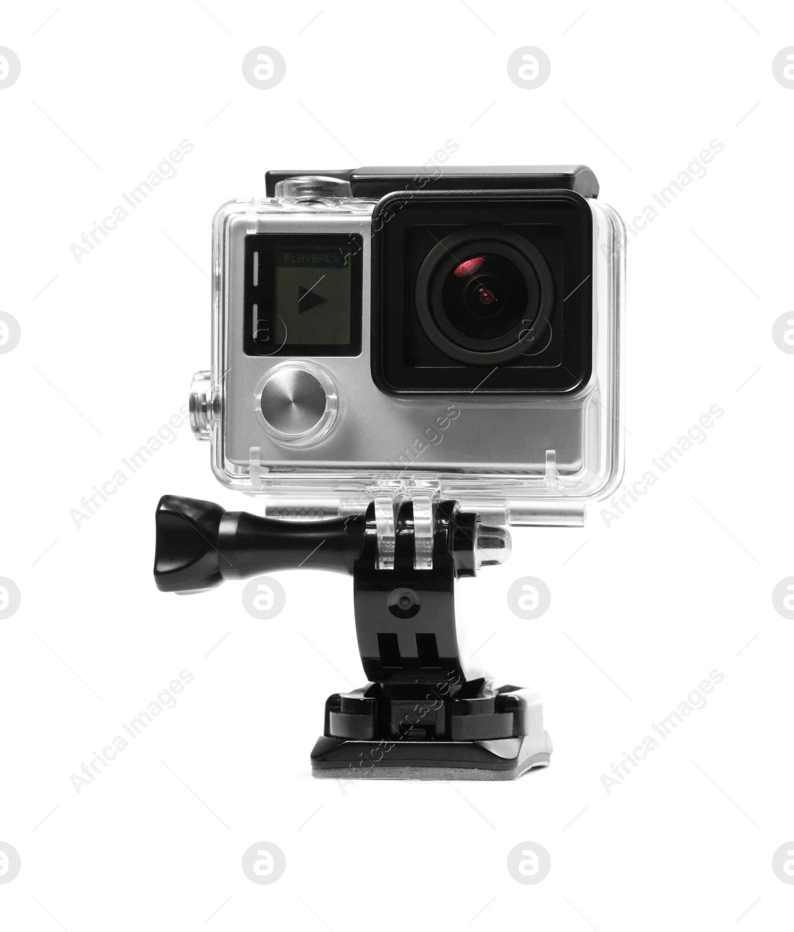 Photo of Modern action camera and mount isolated on white