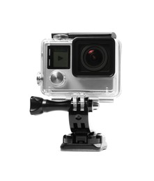 Modern action camera and mount isolated on white