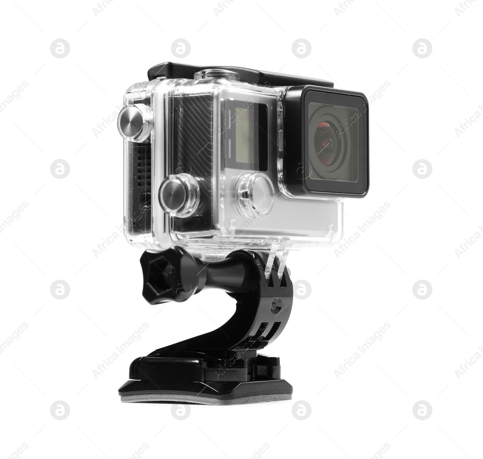 Photo of Modern action camera and mount isolated on white