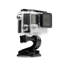 Modern action camera and mount isolated on white