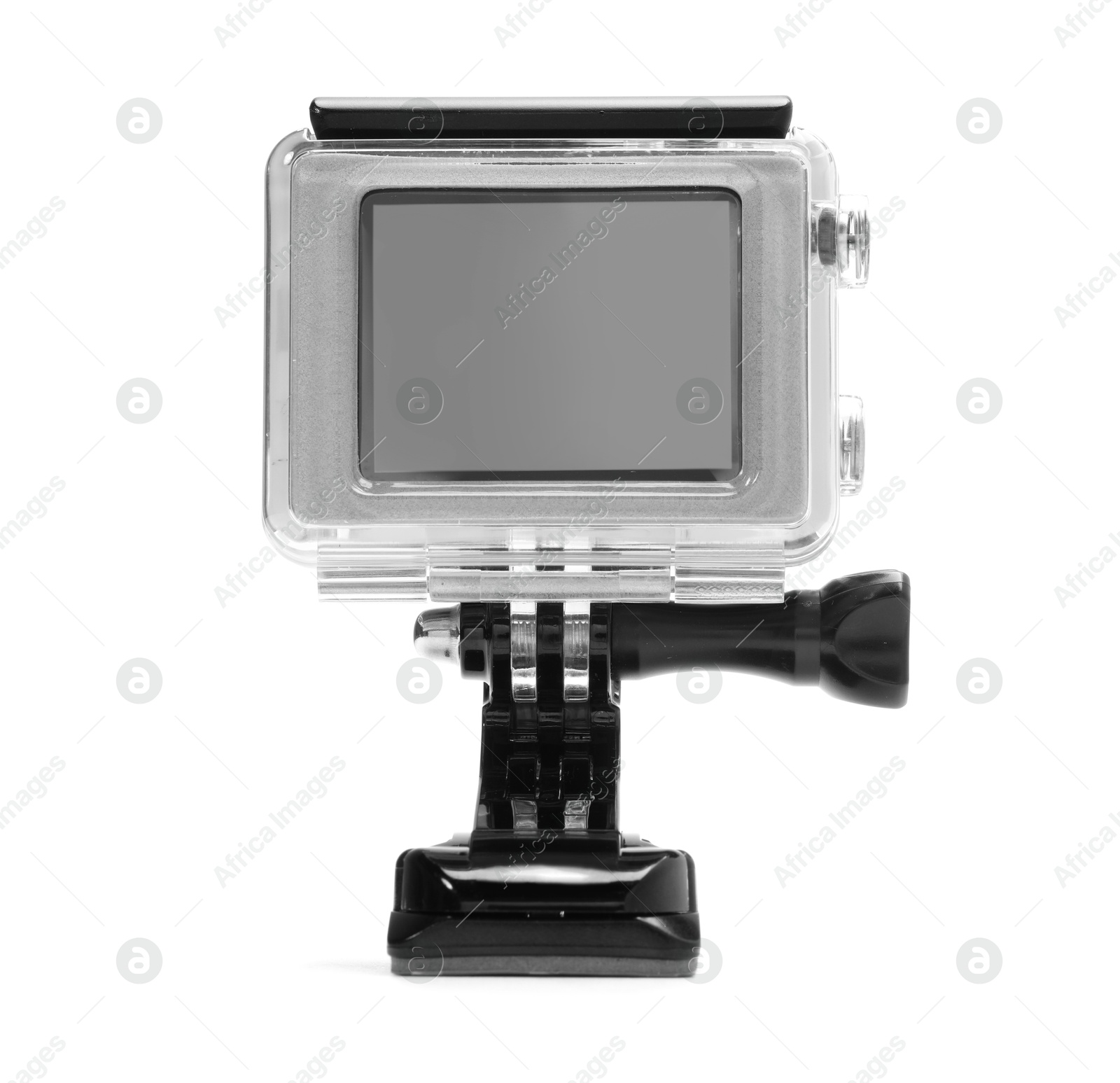 Photo of Modern action camera and mount isolated on white