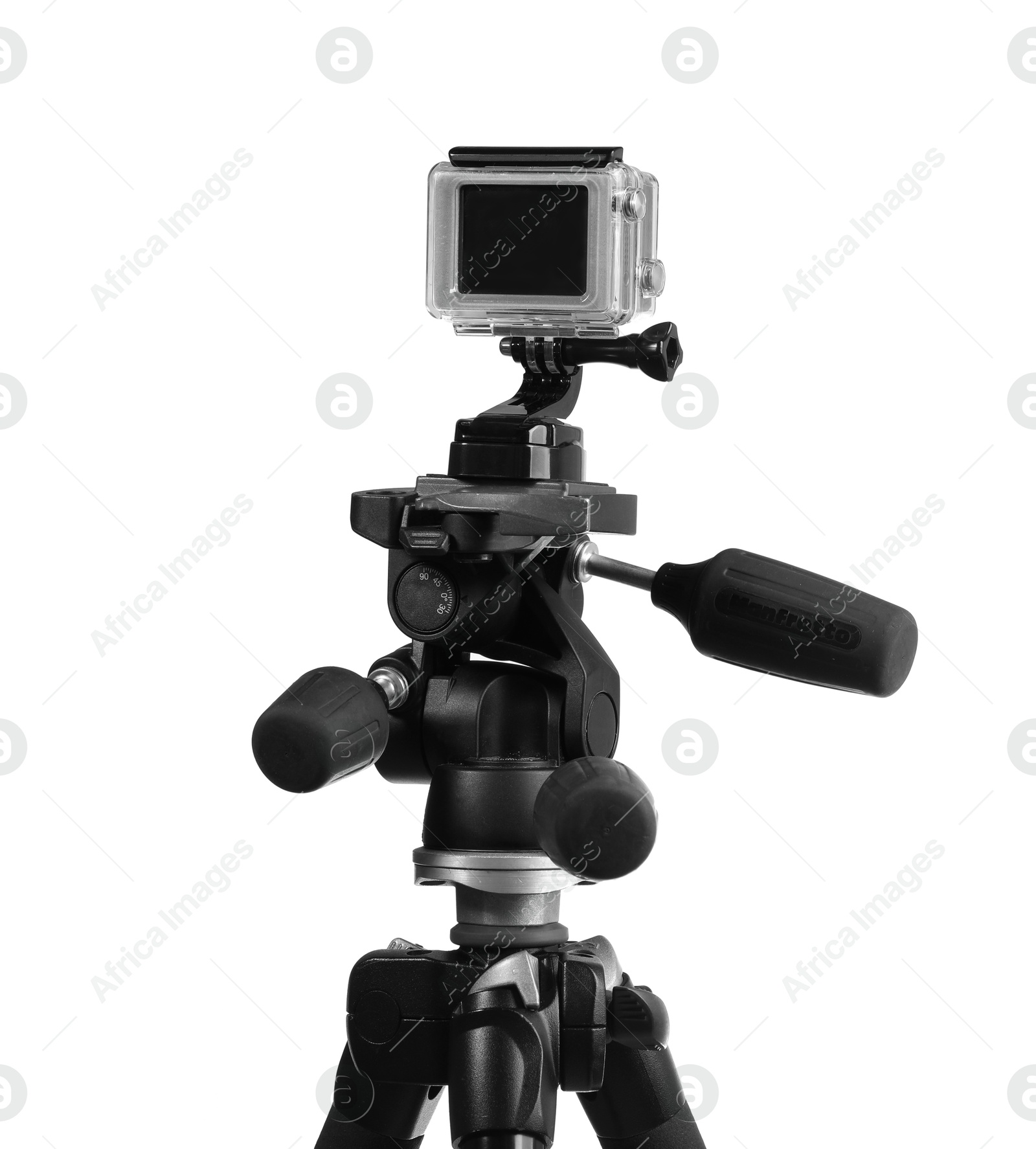 Photo of Modern action camera, mounts and tripod isolated on white