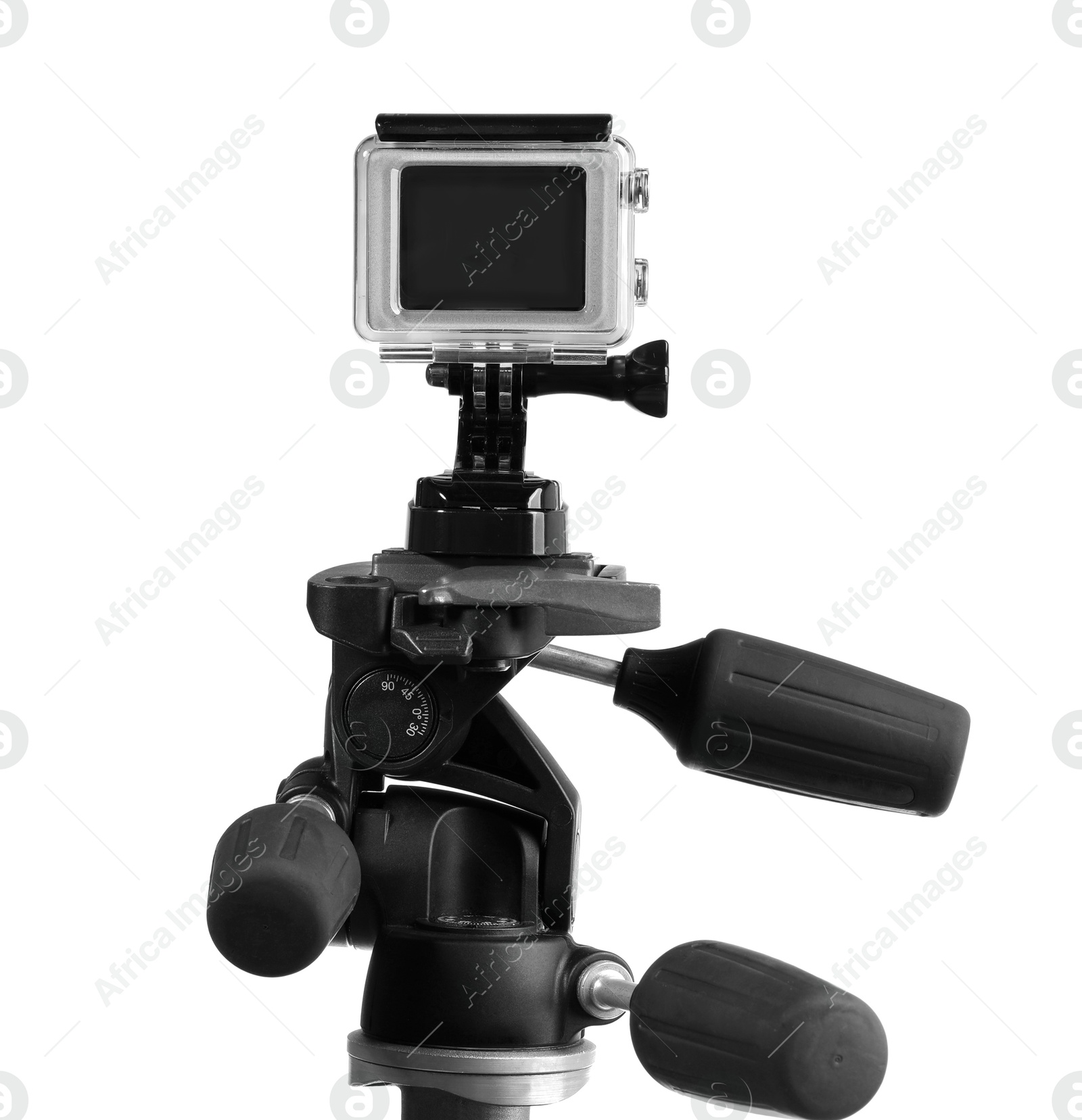 Photo of Modern action camera and stabilizer isolated on white