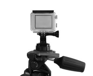 Modern action camera and stabilizer isolated on white