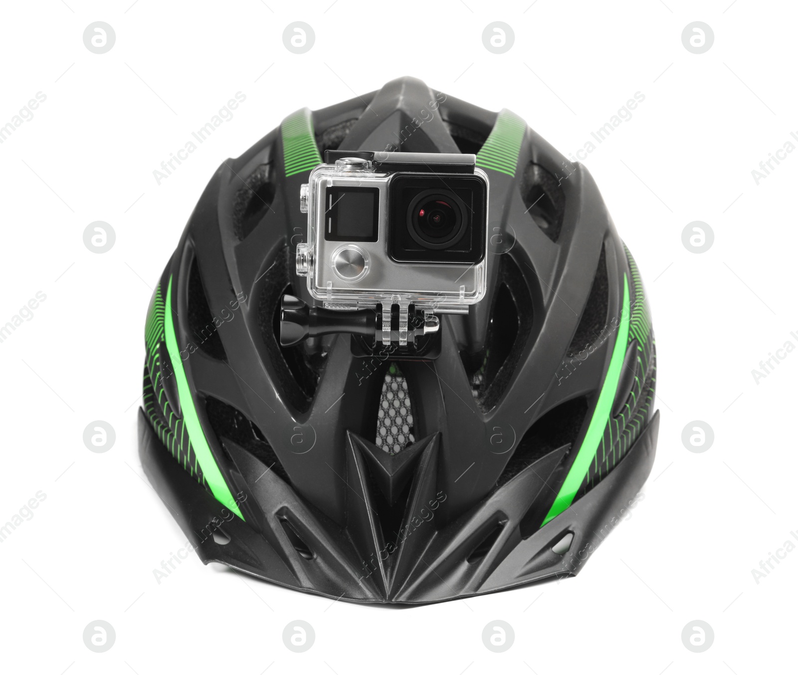 Photo of Modern action camera on helmet against white background