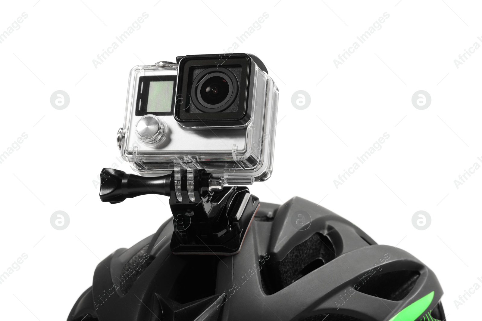 Photo of Modern action camera on helmet against white background