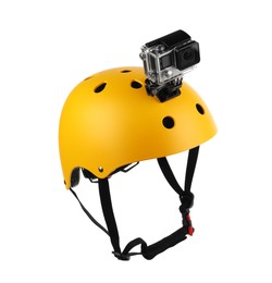 Modern action camera on helmet against white background