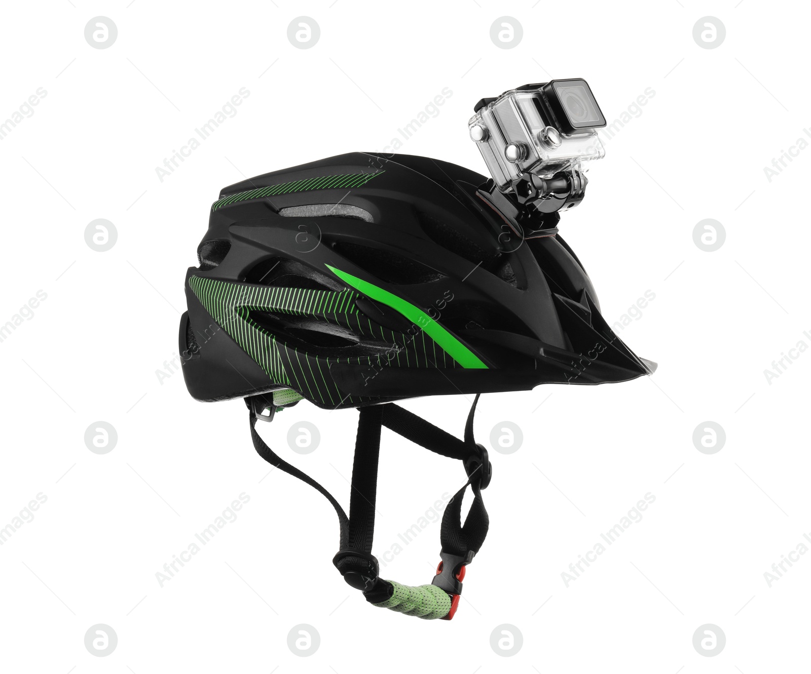 Photo of Modern action camera on helmet against white background