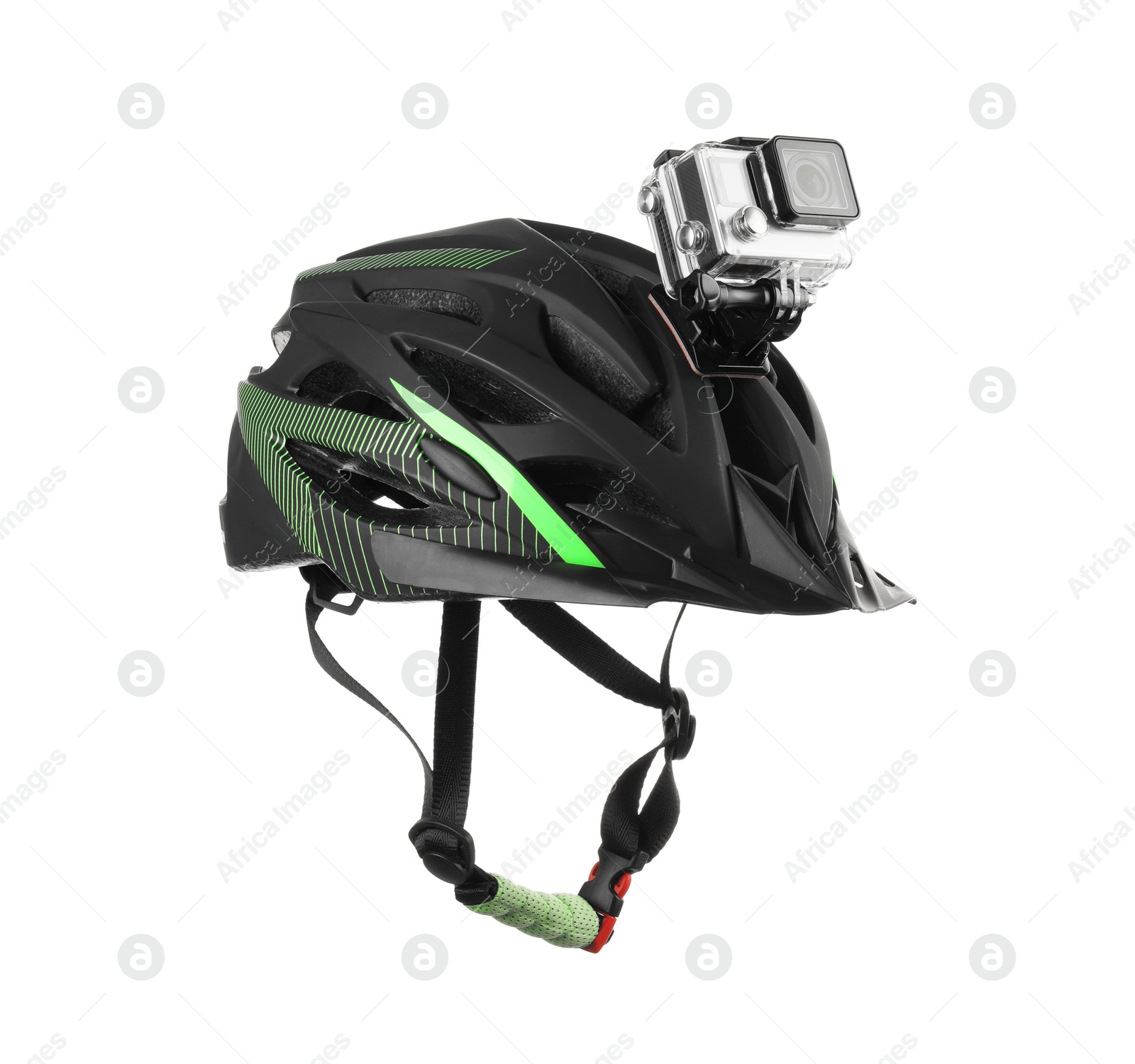 Photo of Modern action camera on helmet against white background