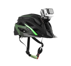 Modern action camera on helmet against white background