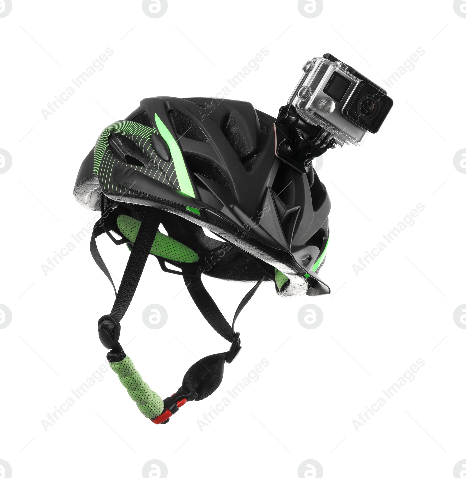 Photo of Modern action camera on helmet against white background