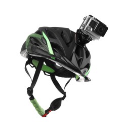 Modern action camera on helmet against white background