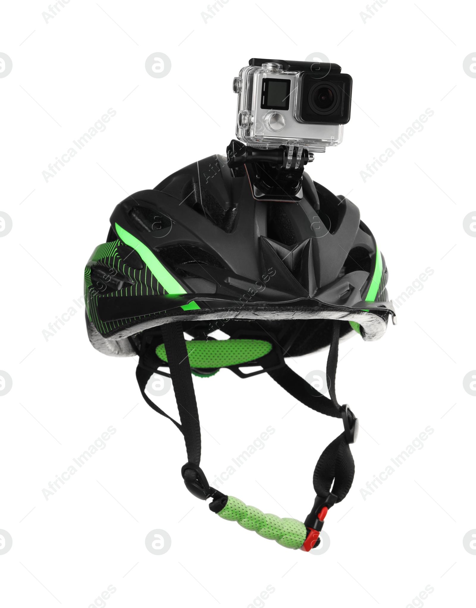 Photo of Modern action camera on helmet against white background