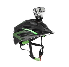 Modern action camera on helmet against white background