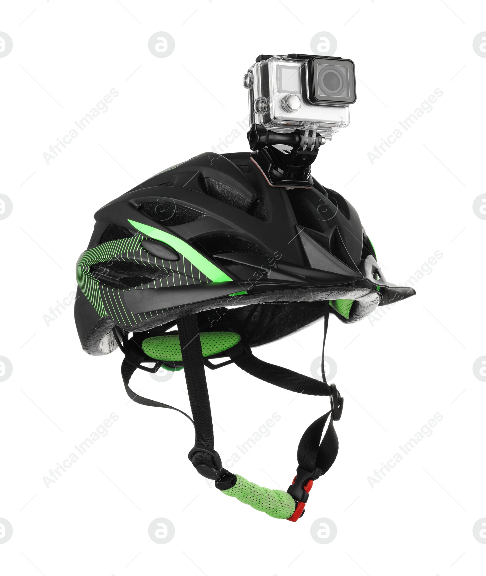 Photo of Modern action camera on helmet against white background