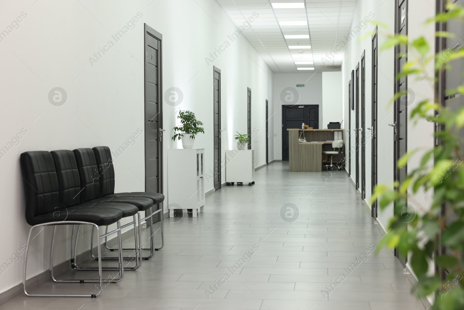 Photo of Empty hospital corridor with chairs and doors