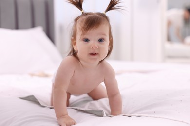 Photo of Cute little girl in diaper crawling on bed at home