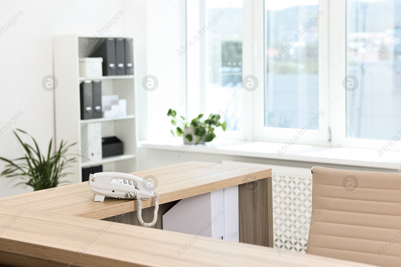 Photo of Stylish interior of office with receptionist workplace