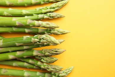 Fresh green asparagus stems on orange table, top view. Space for text