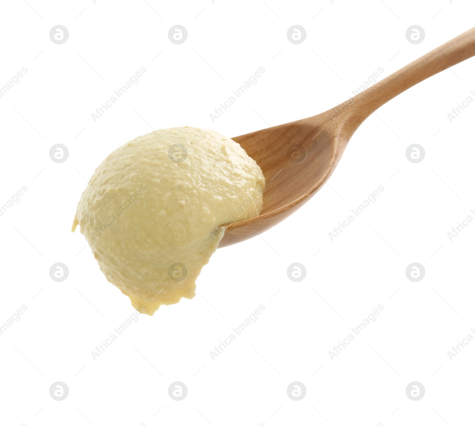 Photo of Spoon with delicious hummus isolated on white