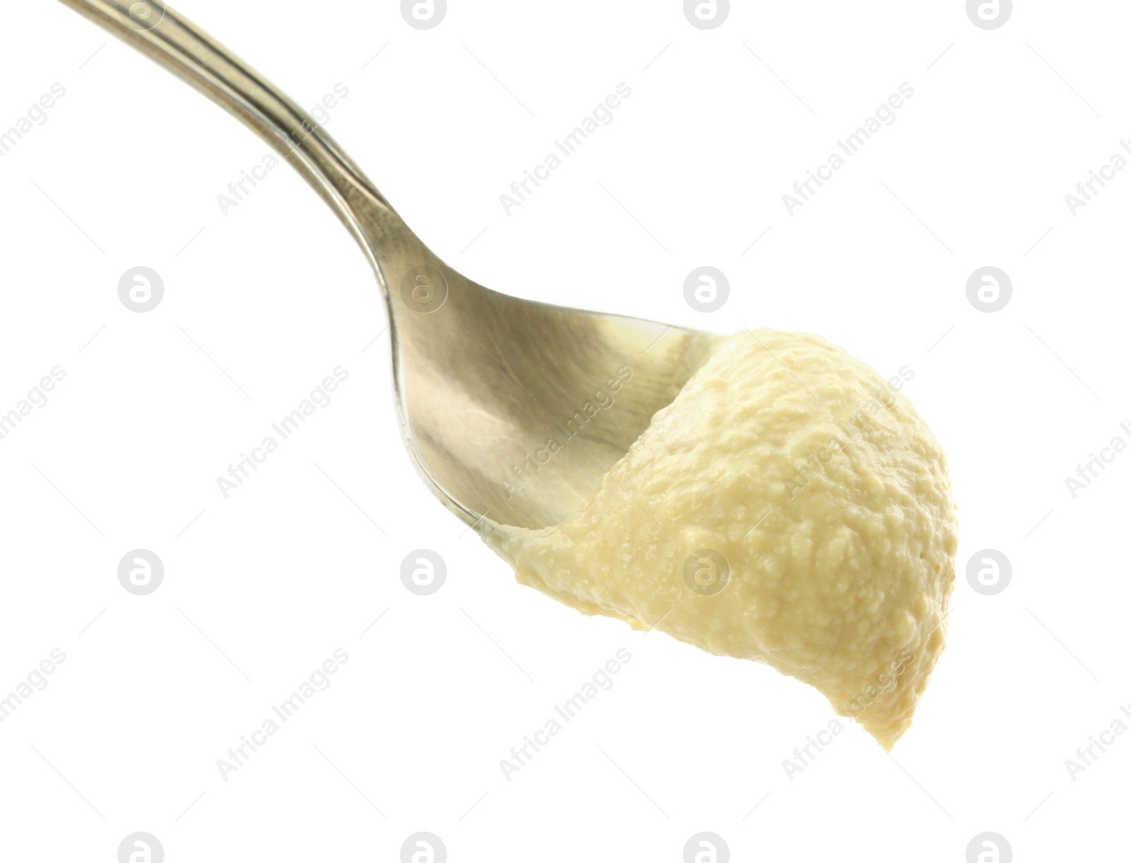 Photo of Spoon with delicious hummus isolated on white