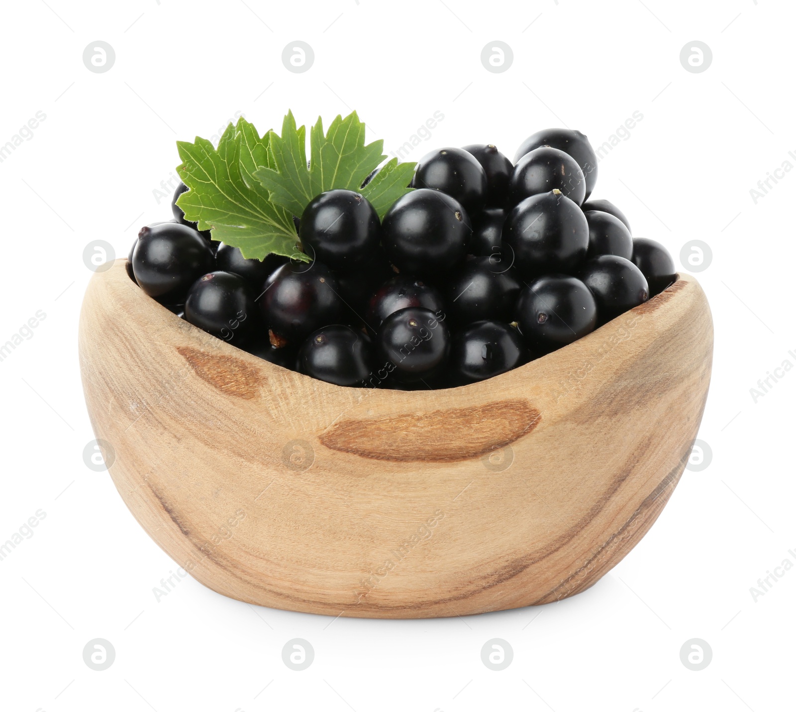 Photo of Fresh ripe black currant berries with leaf isolated on white