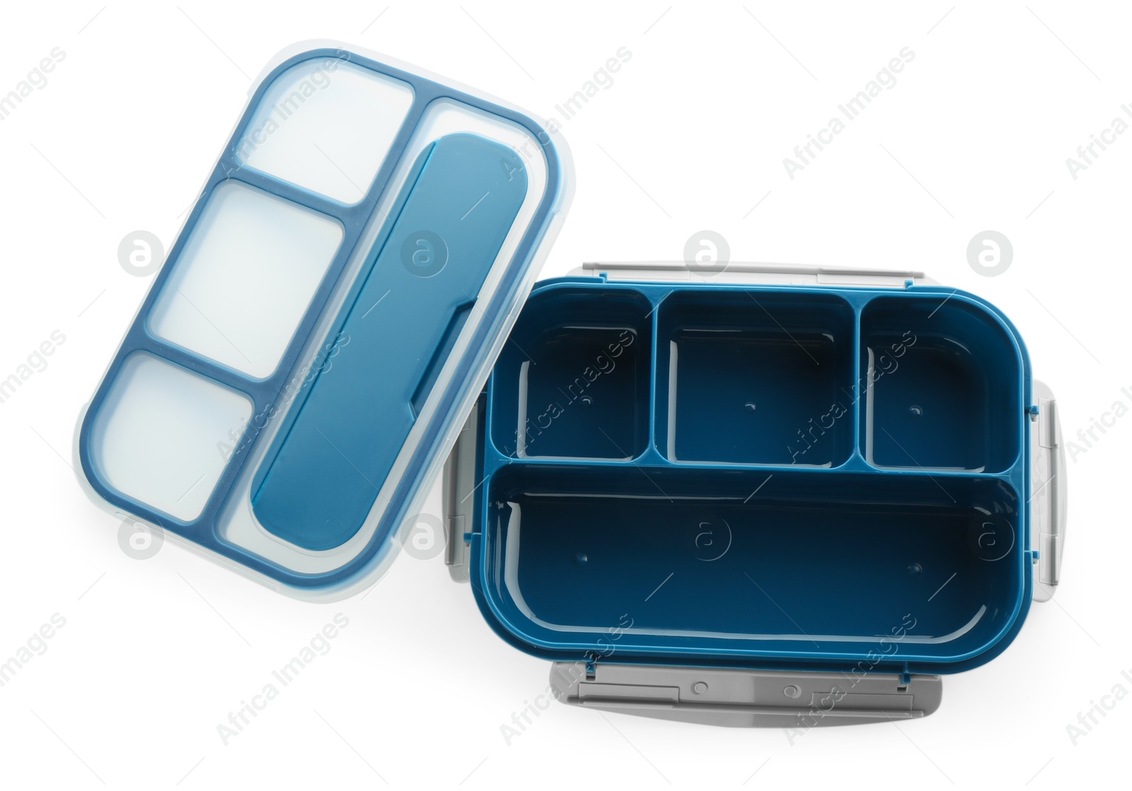 Photo of Plastic lunch box and lid isolated on white, top view