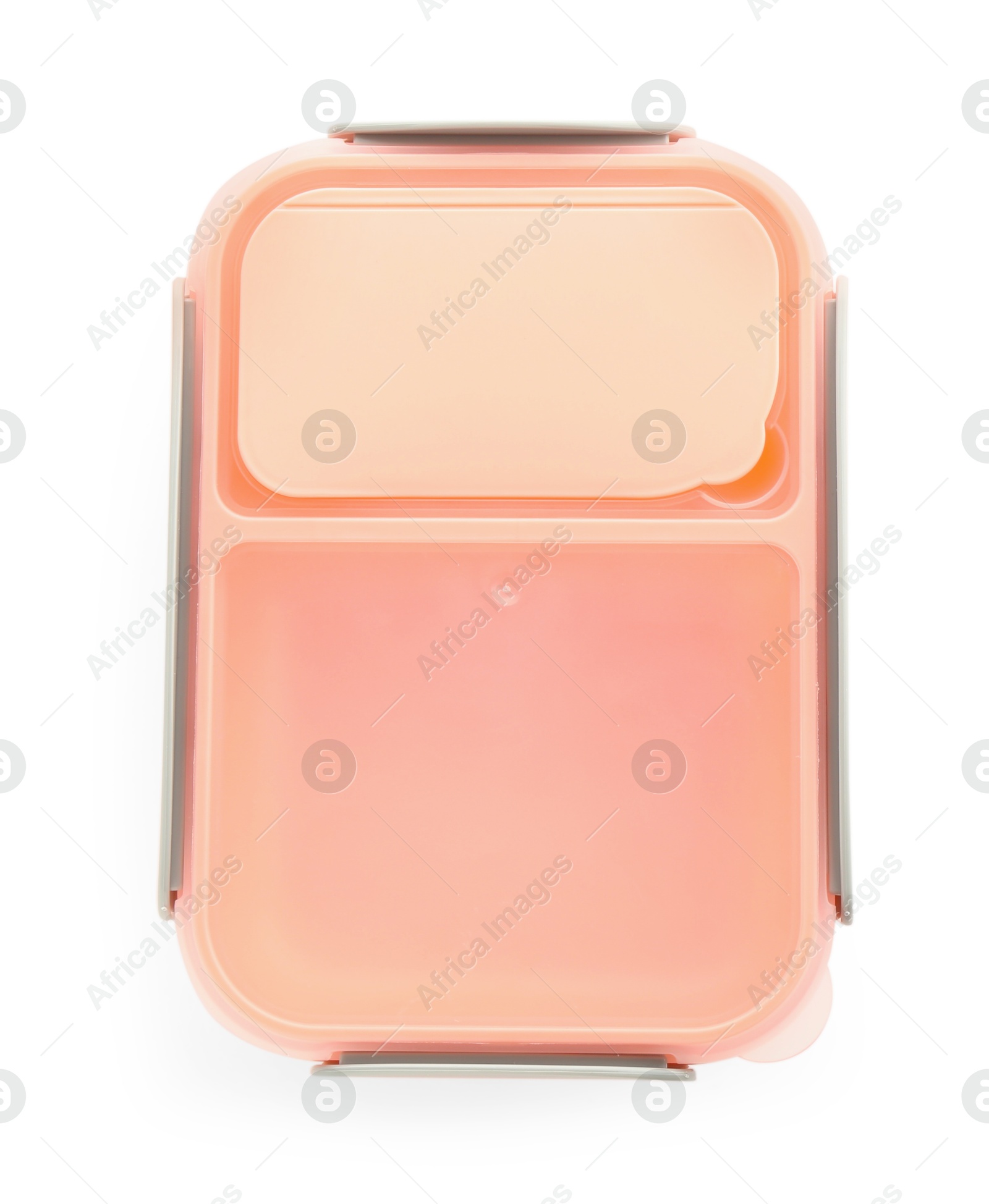 Photo of One plastic lunch box isolated on white, top view